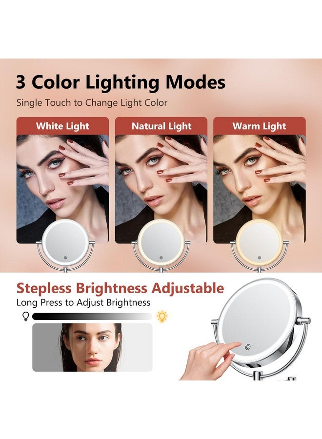 Wall Mounted Makeup Mirror With Lights8 Inch Lighted Magnifying Mirror 1X10X 3 Color Lights & Touch Screen Dimming Light Up Mirror 360°Free Rotation Vanity Mirror Plugin Ac Cord