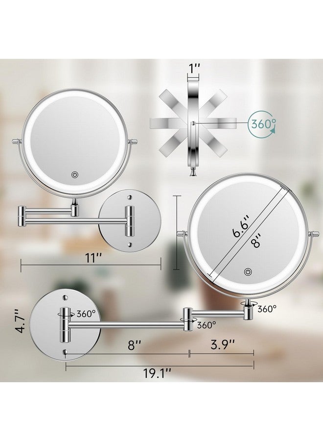 Wall Mounted Makeup Mirror With Lightsrechargeable 1X10X Wall Mount Lighted Magnifying Mirrordouble Sided Wall Mirror For Bathroom3 Color Lightstouch Dimmable Extended Arm 360 Rotation