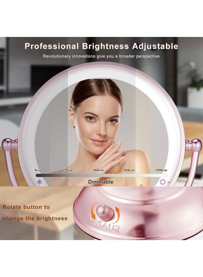 Professional 8.5 Lighted Makeup Mirror 1X10X 2Sided Hd Magnifying Vanity Mirror With 3 Colors Dimmable Led Lights 360° Rotation Cosmetic Mirror Dual Power Supply Women Gift (Rose Gold)