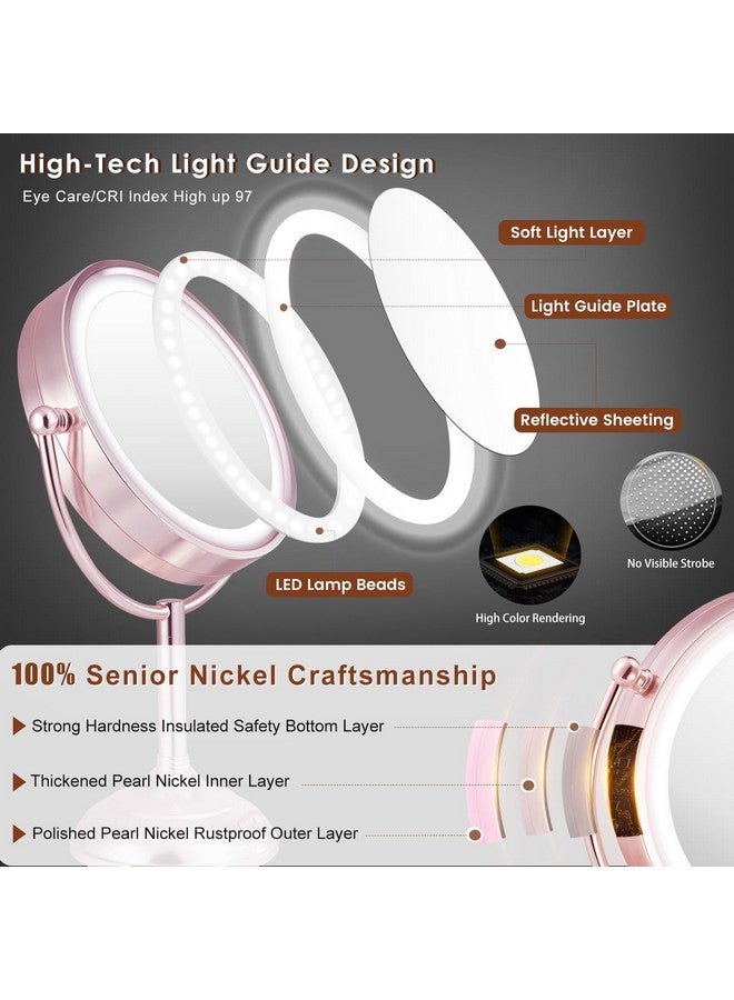 Professional 8.5 Lighted Makeup Mirror 1X10X 2Sided Hd Magnifying Vanity Mirror With 3 Colors Dimmable Led Lights 360° Rotation Cosmetic Mirror Dual Power Supply Women Gift (Rose Gold)