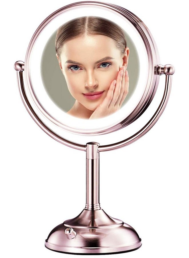 Professional 8.5 Lighted Makeup Mirror 1X10X 2Sided Hd Magnifying Vanity Mirror With 3 Colors Dimmable Led Lights 360° Rotation Cosmetic Mirror Dual Power Supply Women Gift (Rose Gold)