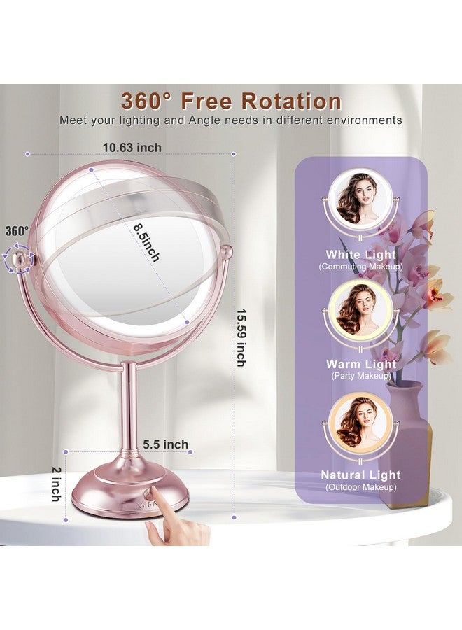 Professional 8.5 Lighted Makeup Mirror 1X10X 2Sided Hd Magnifying Vanity Mirror With 3 Colors Dimmable Led Lights 360° Rotation Cosmetic Mirror Dual Power Supply Women Gift (Rose Gold)
