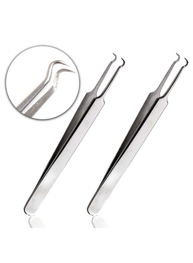 Set Of 2 Stainless Steel Curved Hook Tipped Precision Tweezers Blackheads Whiteheads Removers Extractors For Acne Pimples Comedones Blemishes Or Splinters Removal And Ingrown Hair Treatments