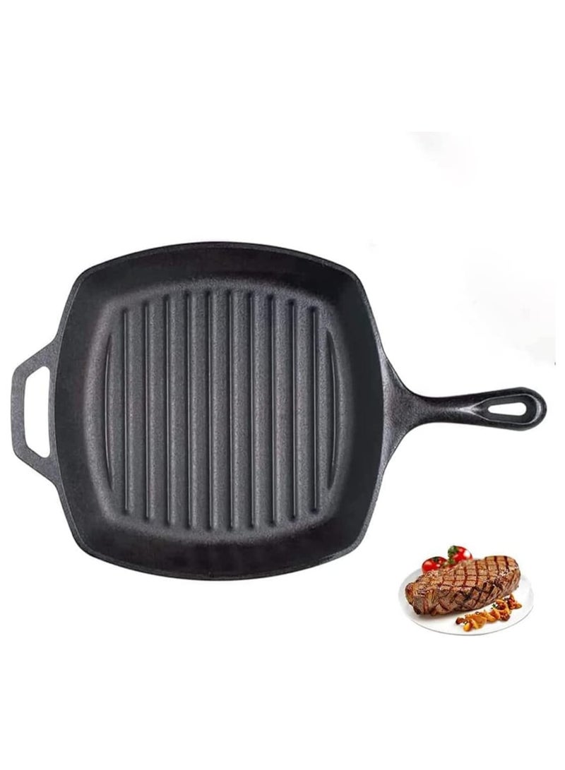 Cast Iron Grill Pan with Dual Handles,Seasoned Cast Iron Cookware Set,Square Grill Pan of Non-Stick Like Surface,Indoor/Outdoor BBQ Use-for Grilling, Frying, Sautéing(27cm)