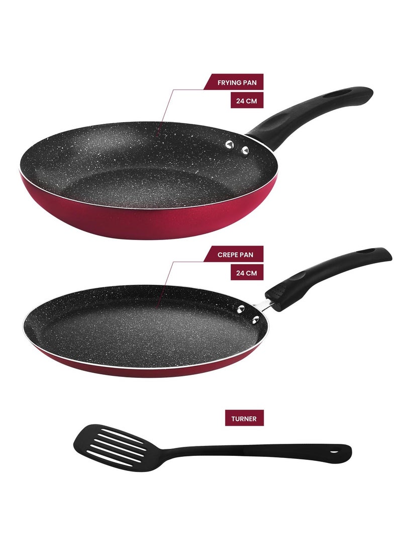 RAJ NON STICK FRYPAN 24 CM & CREPE PAN 24 CM COOKWARE SET WITH TURNER