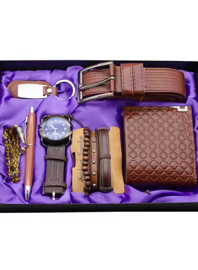 Corporate Luxury 7 Leather Sets Watch Wallet Belt Bracelet Key Chain Ballpoint Pen Rosary Box For Present Business Men Gift Set