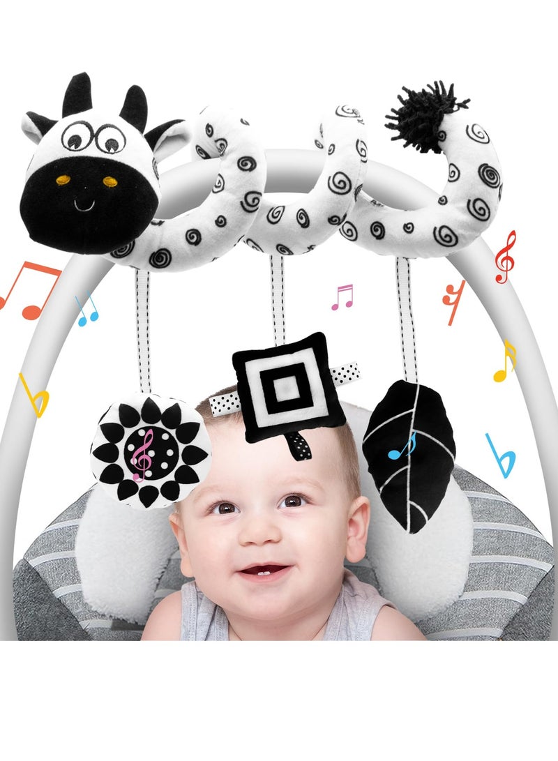 Spiral Baby Car Seat Hanging Toys, Black and White High Contrast Plush Activity Toys for 0-12 Months Boys and Girls, Ideal for Strollers, Newborns and as Gifts