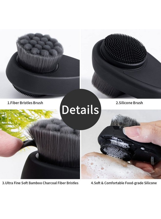 Facial Cleansing Brush 2 In 1 For Face Exfoliation Beomeen Soft Bamboo Charcoal Microfiber Bristle For Pore Deep Cleansing Dual Face Silicone Scrubber Brush For Skincare With Lid Black