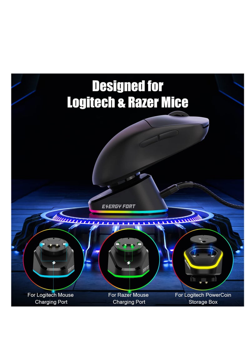 Wireless Mouse Charging Dock Compatible with Razer Mouse Logitech GPRO X Superlight 2/ G502/ G502X Lightspeed Magnetic Razer Mouse Dock for Naga pro Basilisk Ultimate RGB Lights 2 USB Slots