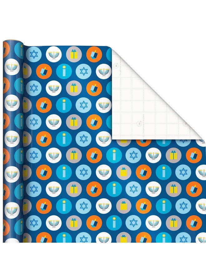 Tree Of Life Hanukkah Wrapping Paper With Cutlines On Reverse (3 Rolls 120 Sq. Ft. Total) Blue And Gold Star Of David Menorahs Candles Dreidels