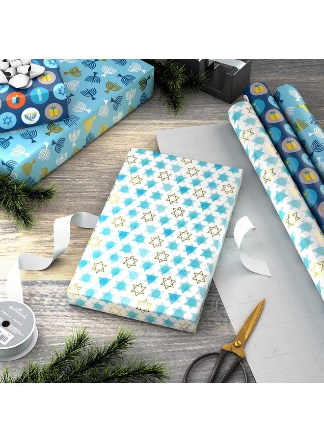 Tree Of Life Hanukkah Wrapping Paper With Cutlines On Reverse (3 Rolls 120 Sq. Ft. Total) Blue And Gold Star Of David Menorahs Candles Dreidels