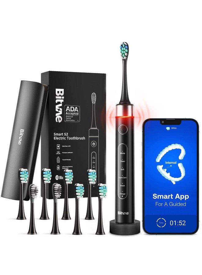 Smart Ultrasonic Whitening Electric Toothbrush For Adultsbluetooth Electric Toothbrush With Pressure Sensor & Smart Timer Ada Accepted Rechargeable Toothbrush 8 Brush Heads Black S2