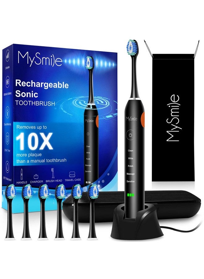Electric Toothbrush For Adults Rechargeable Sonic Electronic Toothbrush With 6 Brush Heads And Travel Case 2 Mins 5 Modes Smart Timer 48000Vpm (Black)