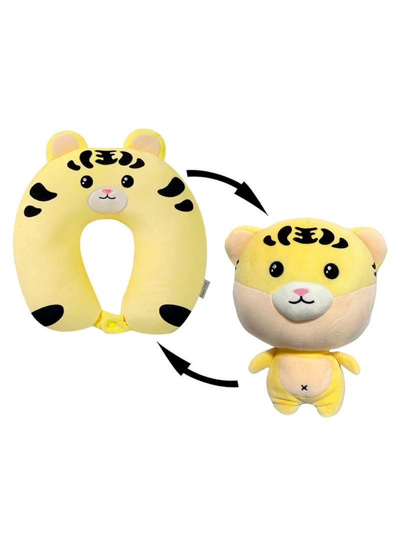 Kids Travel Pillow - 2-in-1 Deformable Kids Neck Pillow for Traveling, Soft U-Shaped Pillow with Adorable Animal Design, Comfy Sleep and Play, Ideal for Airplanes and Cars (Tiger)