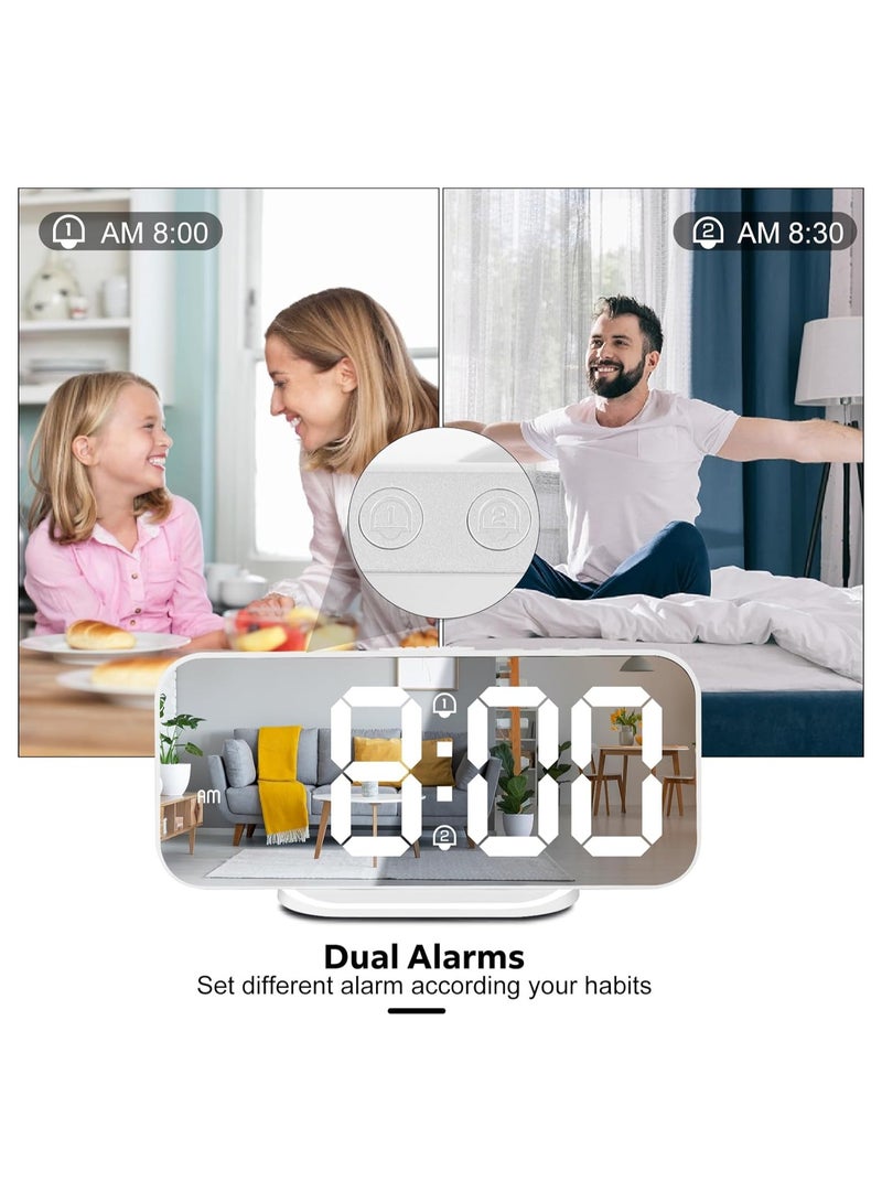 Digital Alarm Clock, Slim LED Mirror Desk Clocks, Dual USB Ports 3 Level Brightness, Auto Dimming, Night Mode, Easy Snooze, Bedroom Decor Aesthetic, for Home, Office  12/24 Hour Display (White)