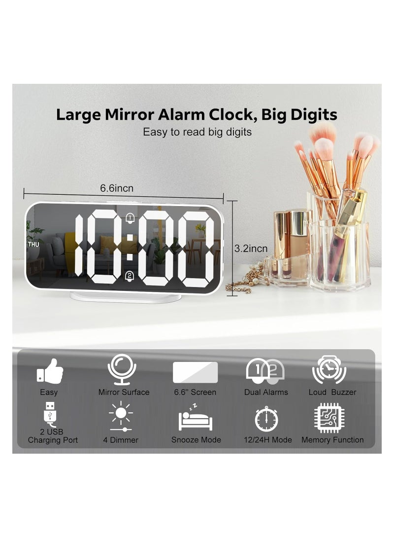 Digital Alarm Clock, Slim LED Mirror Desk Clocks, Dual USB Ports 3 Level Brightness, Auto Dimming, Night Mode, Easy Snooze, Bedroom Decor Aesthetic, for Home, Office  12/24 Hour Display (White)