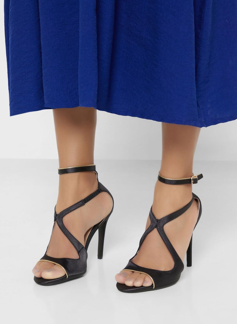 V Detail Metallic Trim Ankle Strap Sandal