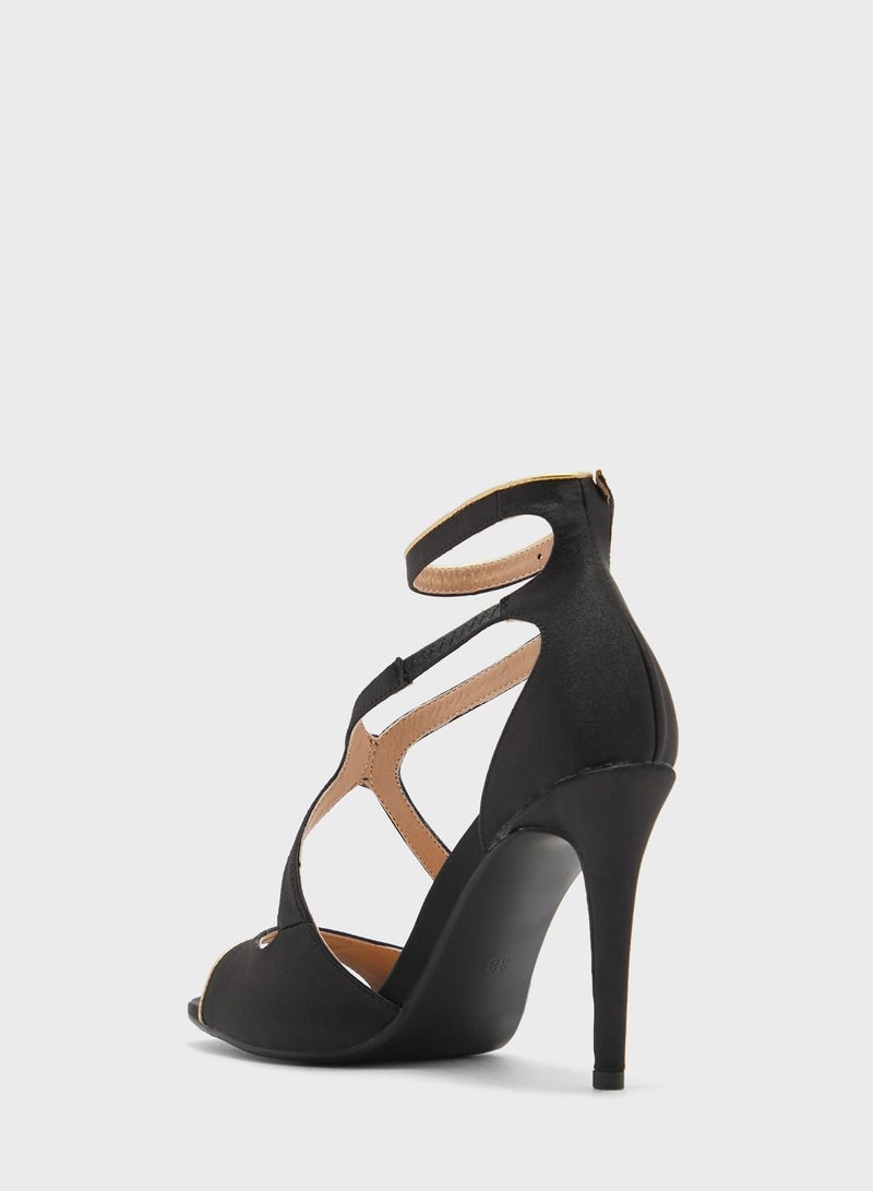 V Detail Metallic Trim Ankle Strap Sandal