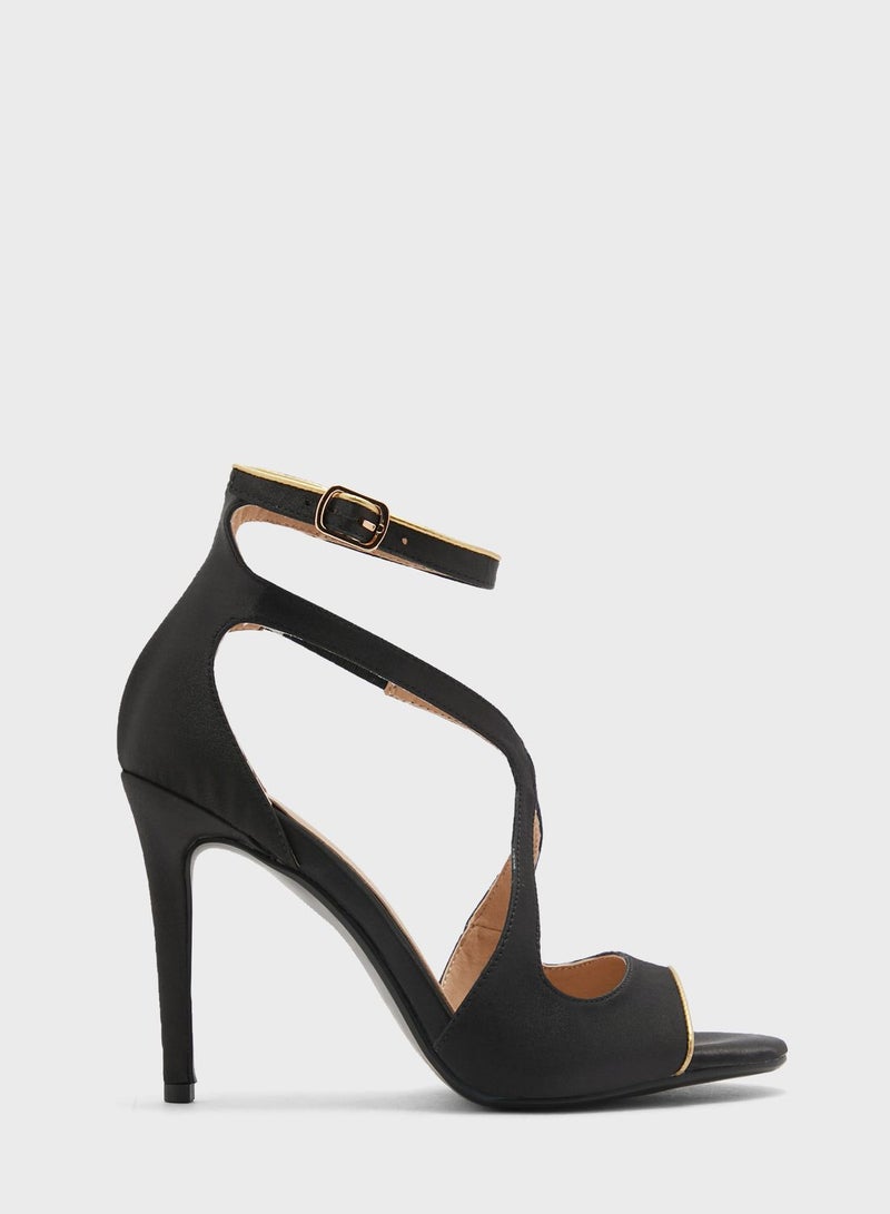 V Detail Metallic Trim Ankle Strap Sandal