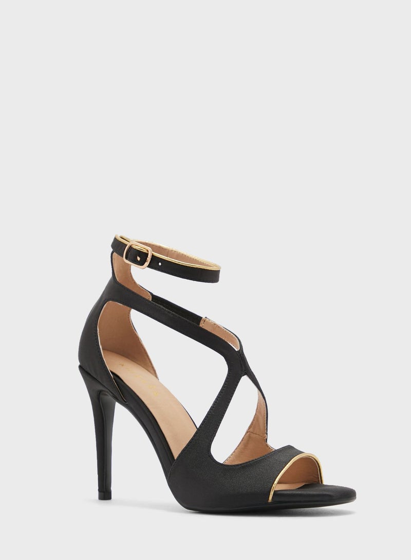 V Detail Metallic Trim Ankle Strap Sandal