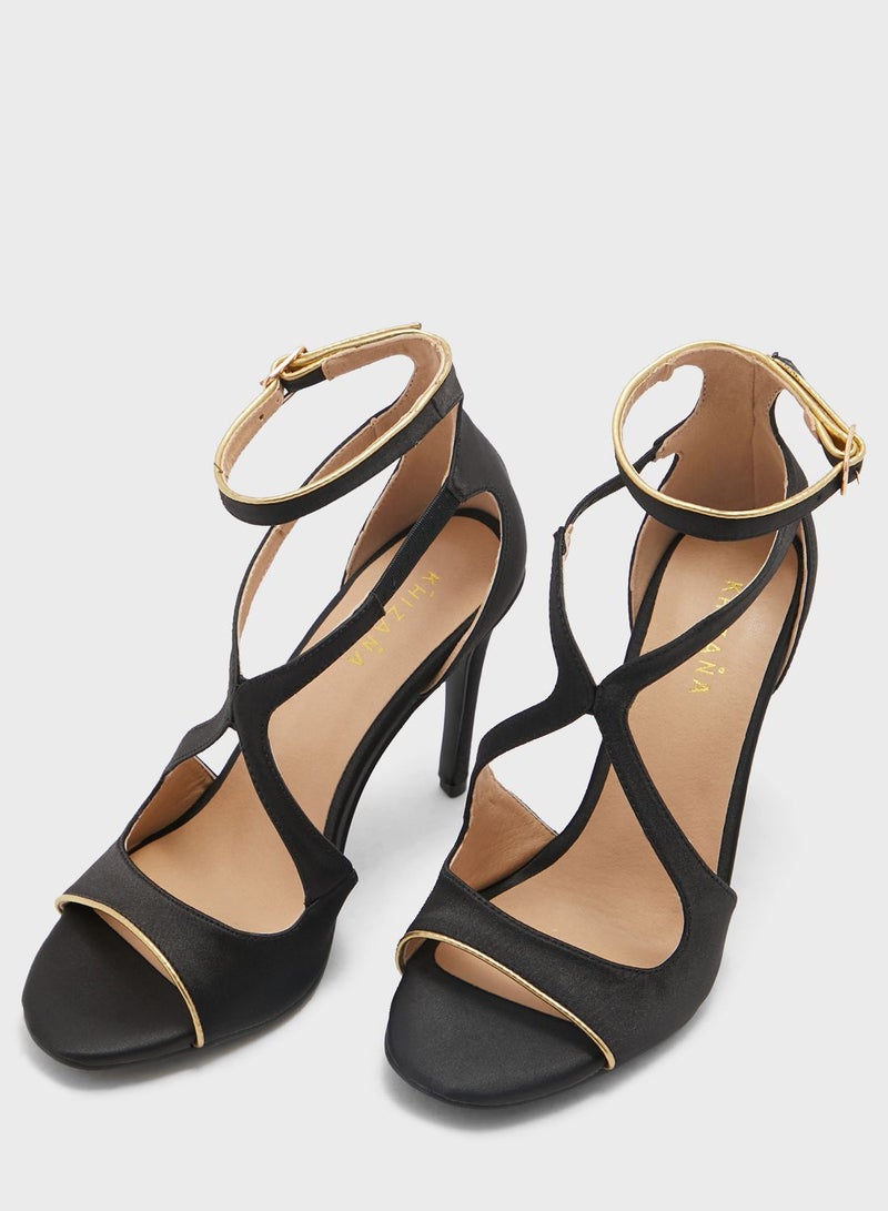 V Detail Metallic Trim Ankle Strap Sandal