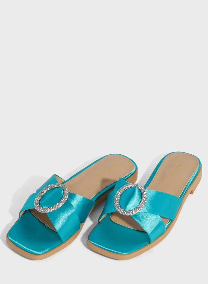 Encrusted Buckle Satin Flat Sandal