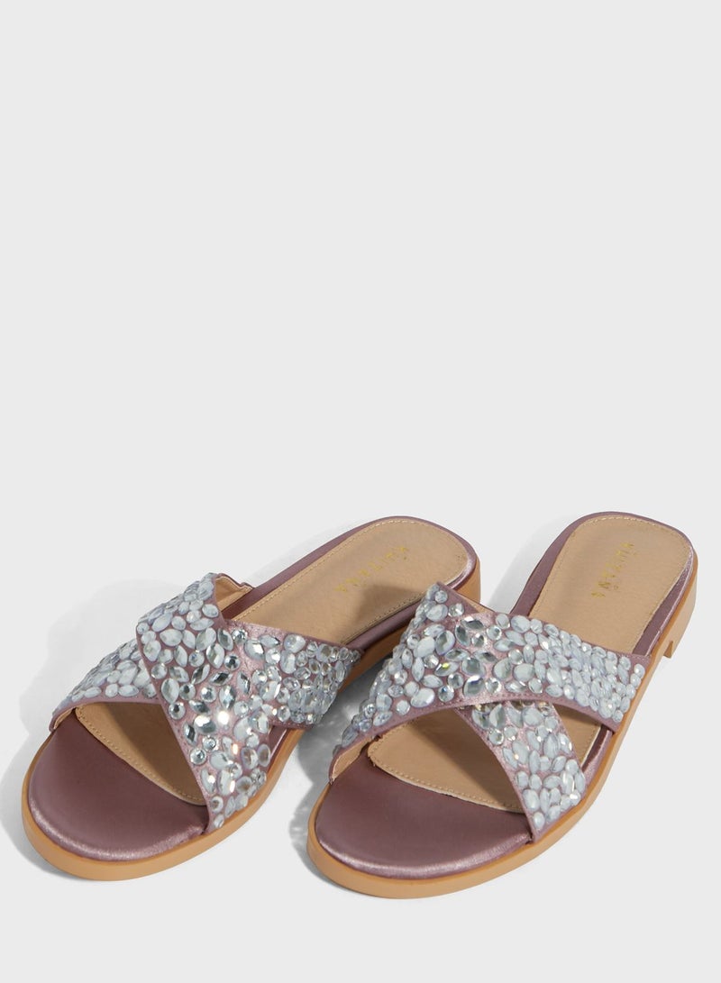 Jewel Encrusted Crossover Flat Sandals