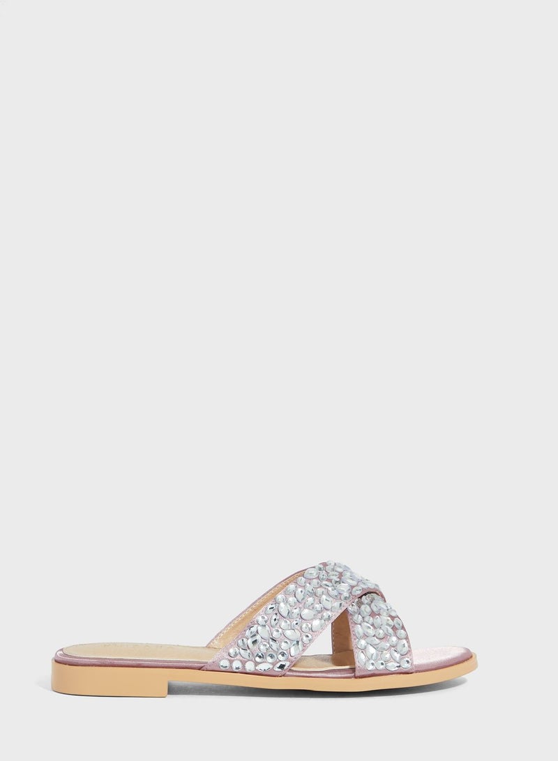 Jewel Encrusted Crossover Flat Sandals