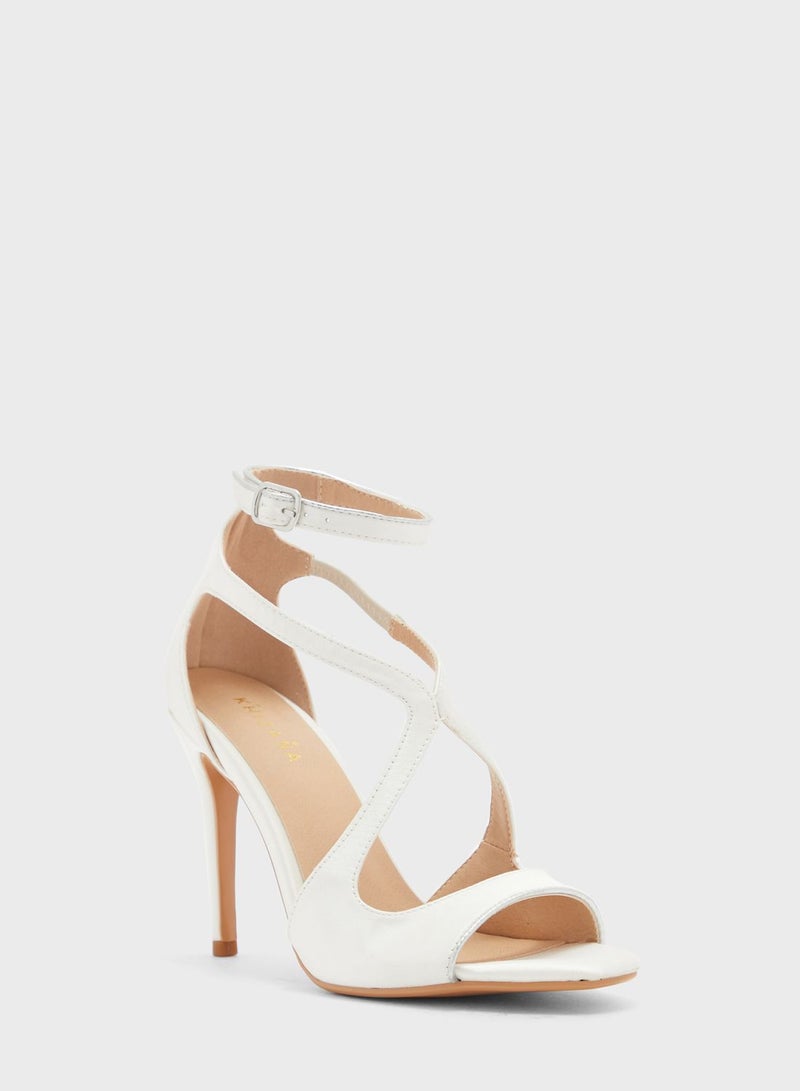 V Detail Metallic Trim Ankle Strap Sandal