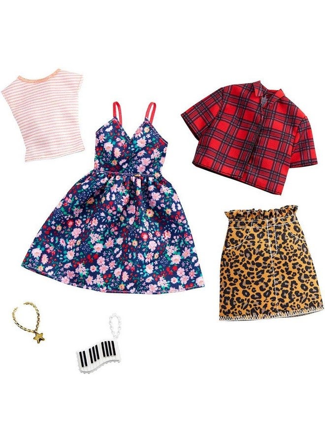 Clothes: 2 Outfits Doll Include A Floral Dress Striped Tshirt Animalprint Skirt Plaid Top Piano Key Purse And Necklace Gift For 3 To 8 Year Olds