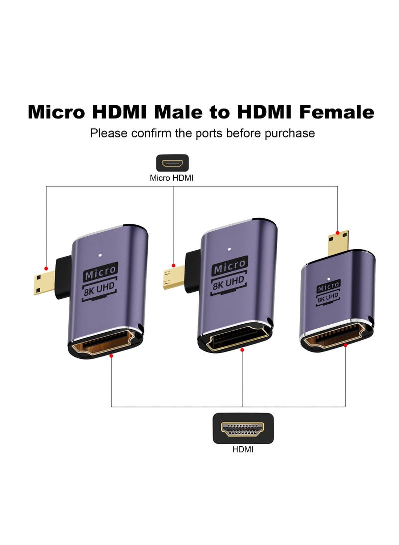 Micro HDMI to HDMI Adapter, 3 Pcs 8K 90 Degree Left and Right Angle, Micro HDMI Male to HDMI Female Cable, for Sony A6000, Raspberry Pi 4, GoPro Hero 7 and Other Sport Camera