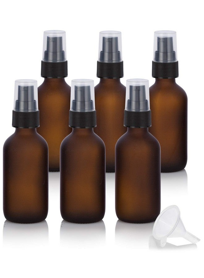 2 Oz Frosted Amber Glass Boston Round Bottle Black Treatment Pump (6 Pack) + Funnel