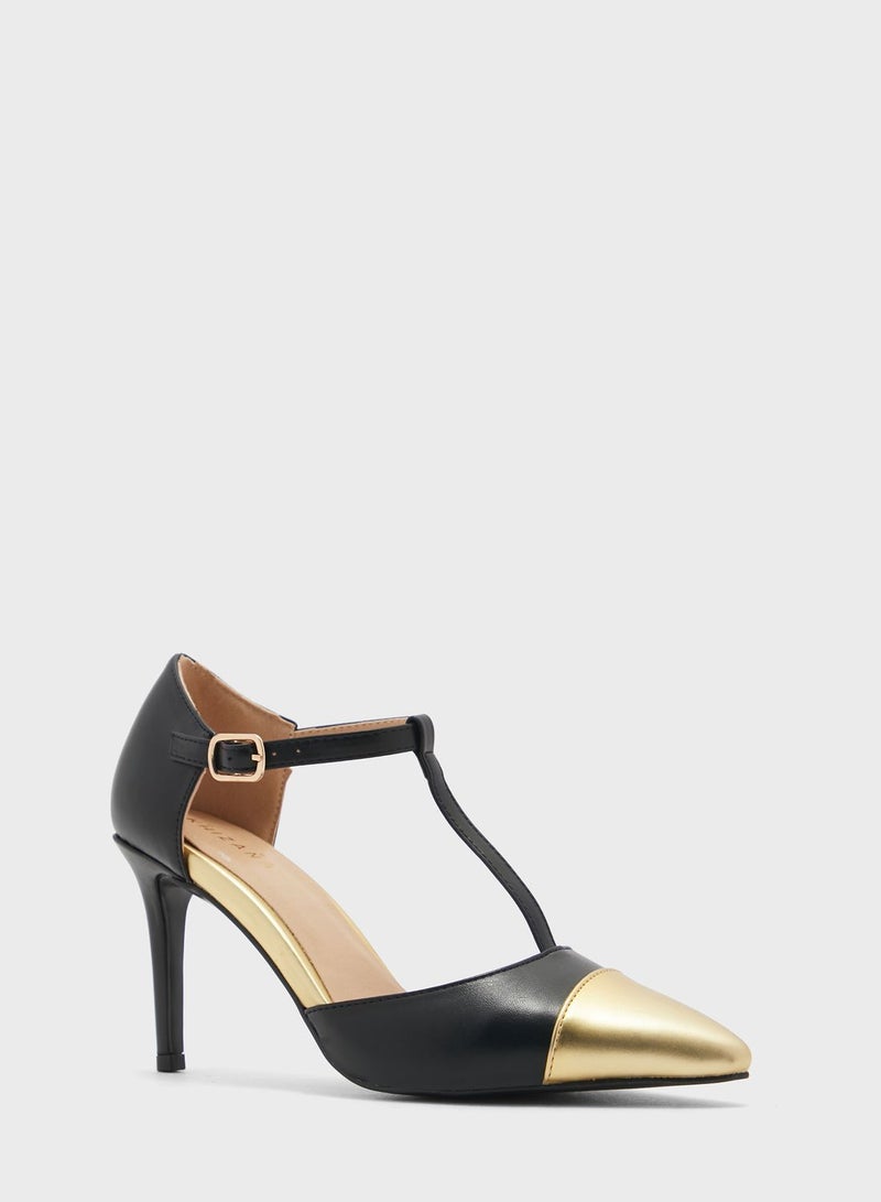 Metallic Toecap Ankle Strap Pointed Pump