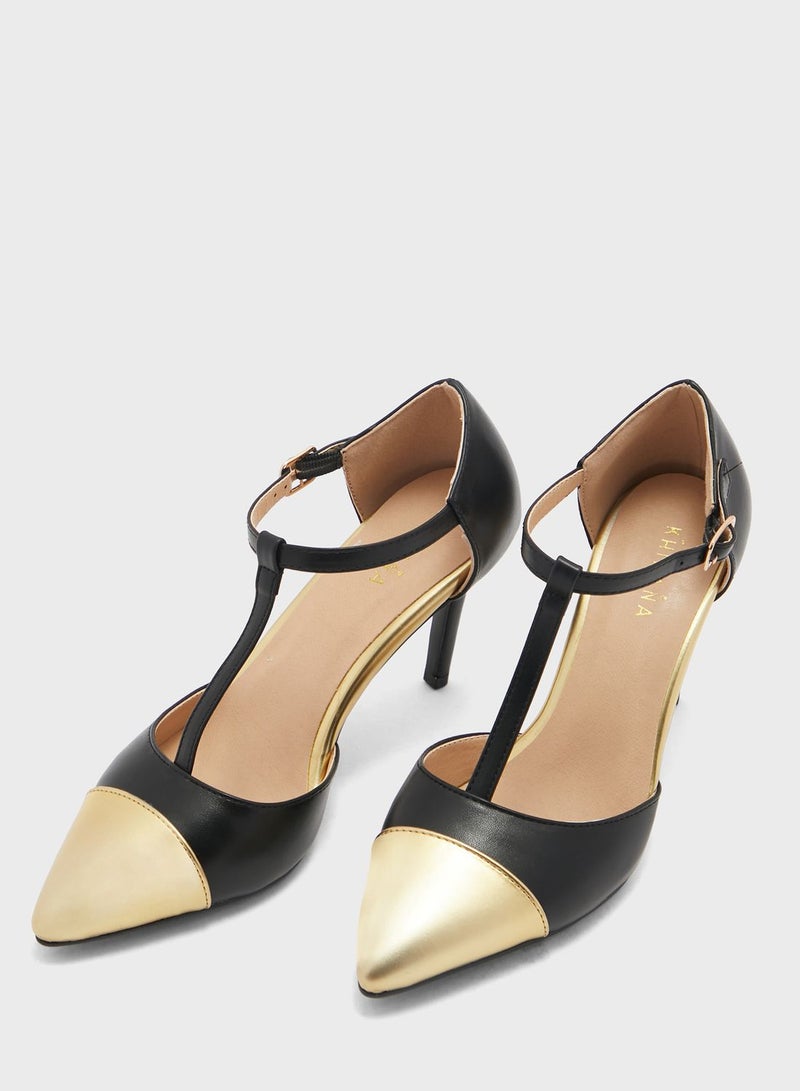 Metallic Toecap Ankle Strap Pointed Pump