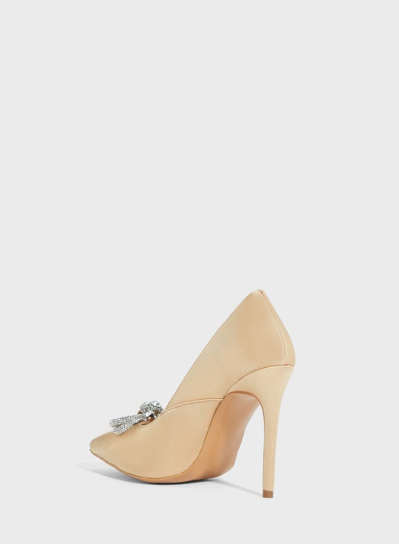 Jewelled Bow Satin Pointed Pump