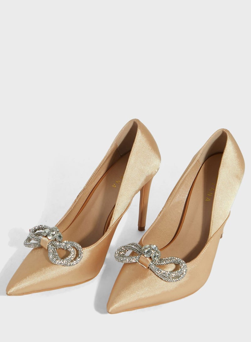 Jewelled Bow Satin Pointed Pump