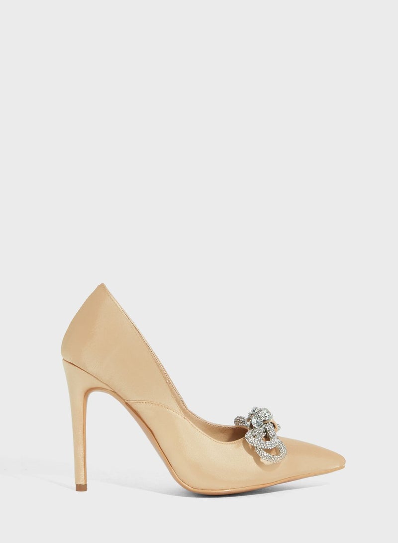Jewelled Bow Satin Pointed Pump
