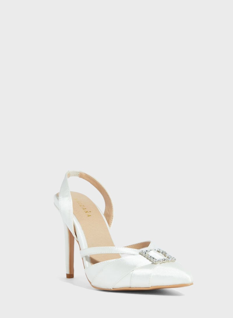 Jewelled Buckle Double Strap Slip On Pump