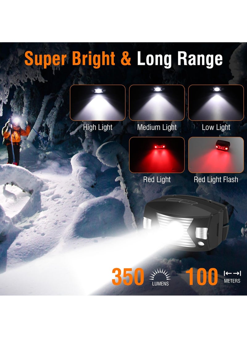 Rechargeable Headlamp with Red Light, Super Bright 350LM Waterproof USB Head Lamp, 5 Modes LED Motion Sensor Headlight for Adults and Kids, Ideal for Outdoor Camping, Running, Fishing