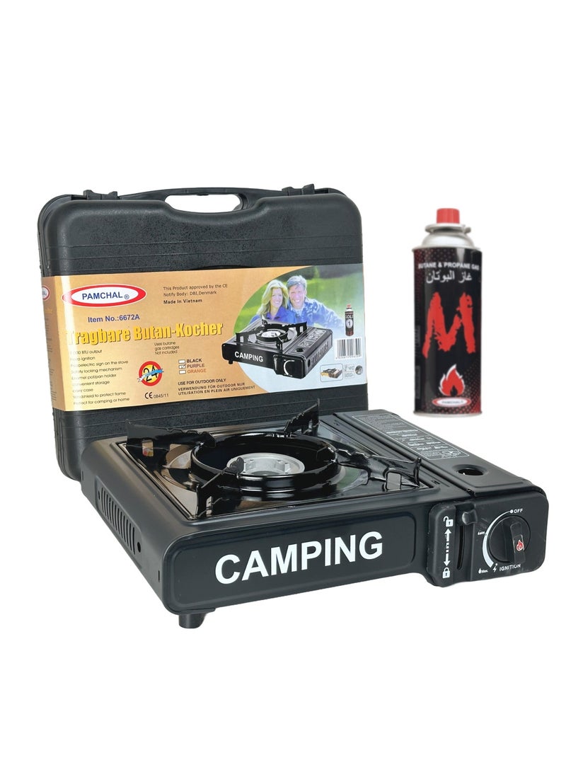 Camping Stove with Box and 1-Pieces Butane Gas Cartridge Black