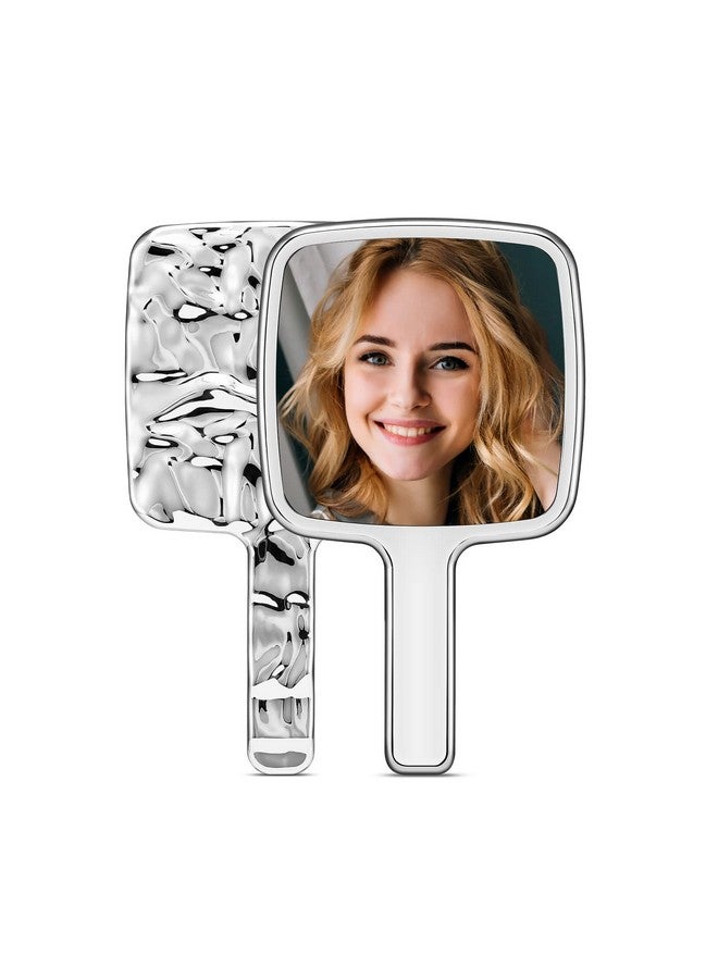 Handheld Mirror Water Ripples Hand Mirror With Handle For Make Up Square Silver Small (4 X 7 Inches)