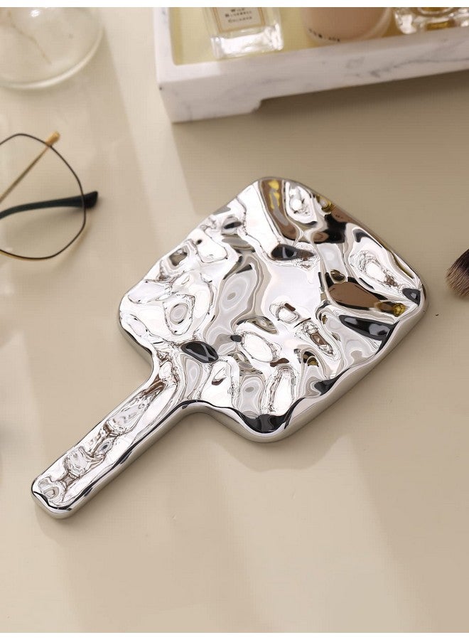 Handheld Mirror Water Ripples Hand Mirror With Handle For Make Up Square Silver Small (4 X 7 Inches)