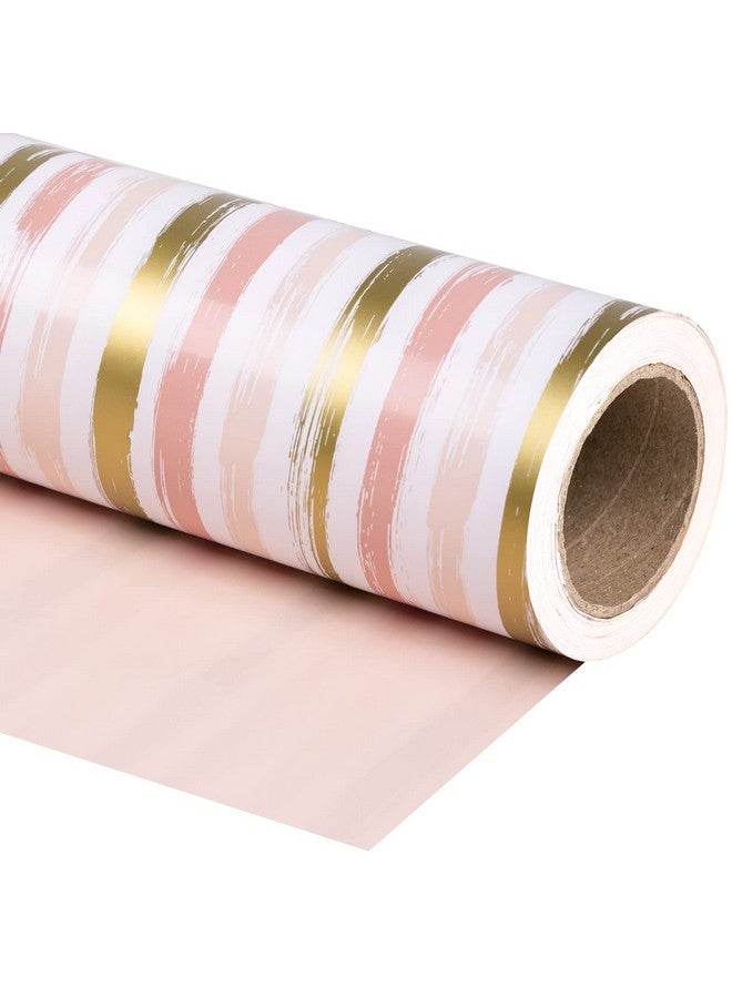 Reversible Wrapping Paper Mini Roll 17 Inch X 33 Feet Pink Gold Lines And Solid Pink Design For Birthday Holiday Wedding Baby Shower