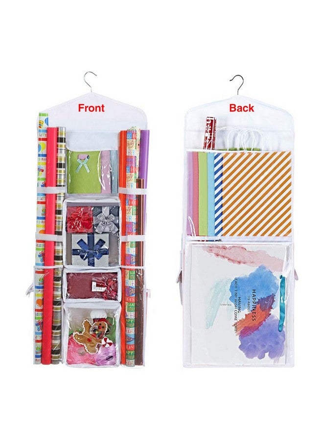 Wrapping Paper Storage Hanging Over The Door Gift Wrap Organizer Double Sided Front And Back Pockets Store Gift Wrap Gift Bags Ribbon Bows Accessories 40”X17” Fits Long 40 Inch Rolls (White)