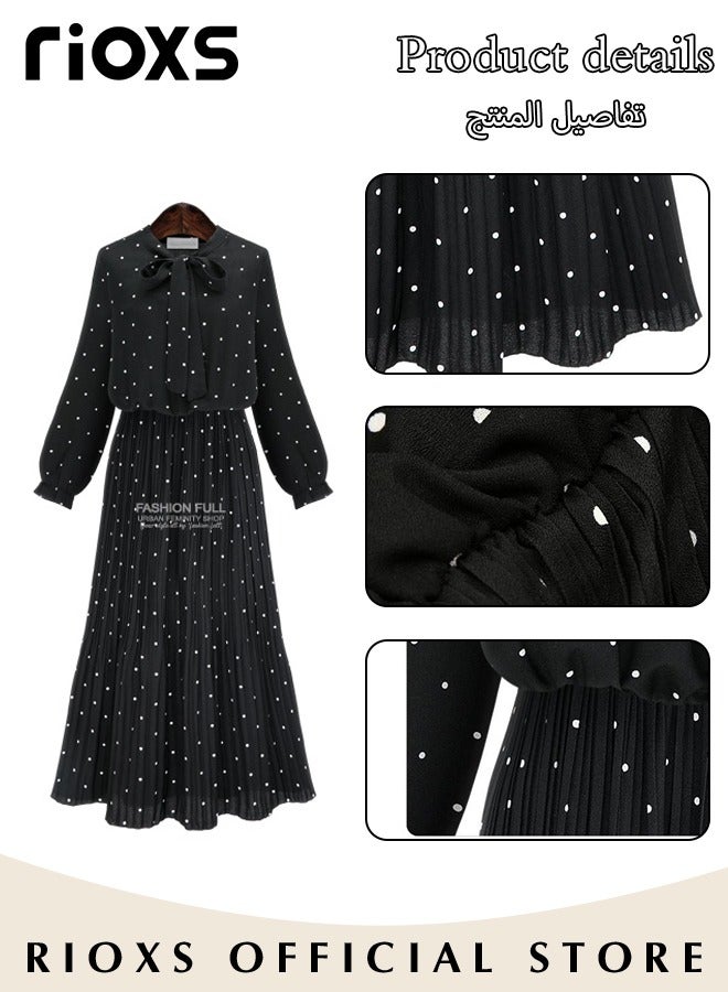 Women's Chiffon Polka Dot Dresses Long Sleeve Maxi Dress Elegant Loose Fitting Mid Length Pleated Dress Elastic High Waist Ruffle A-Line Long Dress With Bowknot