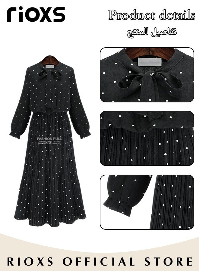 Women's Chiffon Polka Dot Dresses Long Sleeve Maxi Dress Elegant Loose Fitting Mid Length Pleated Dress Elastic High Waist Ruffle A-Line Long Dress With Bowknot