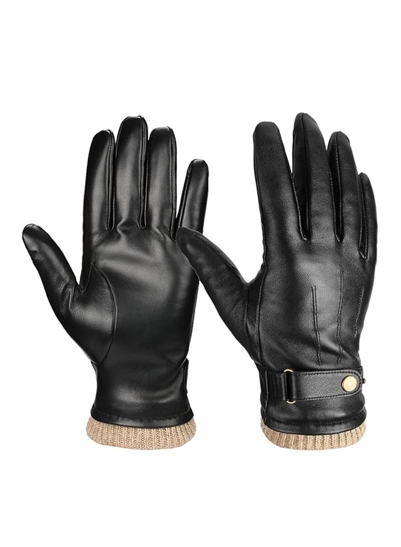 Winter Leather Gloves for Men, Touchscreen Snap Closure Cycling Black Gloves Outdoor Riding Warm Waterproof Gloves（XL）