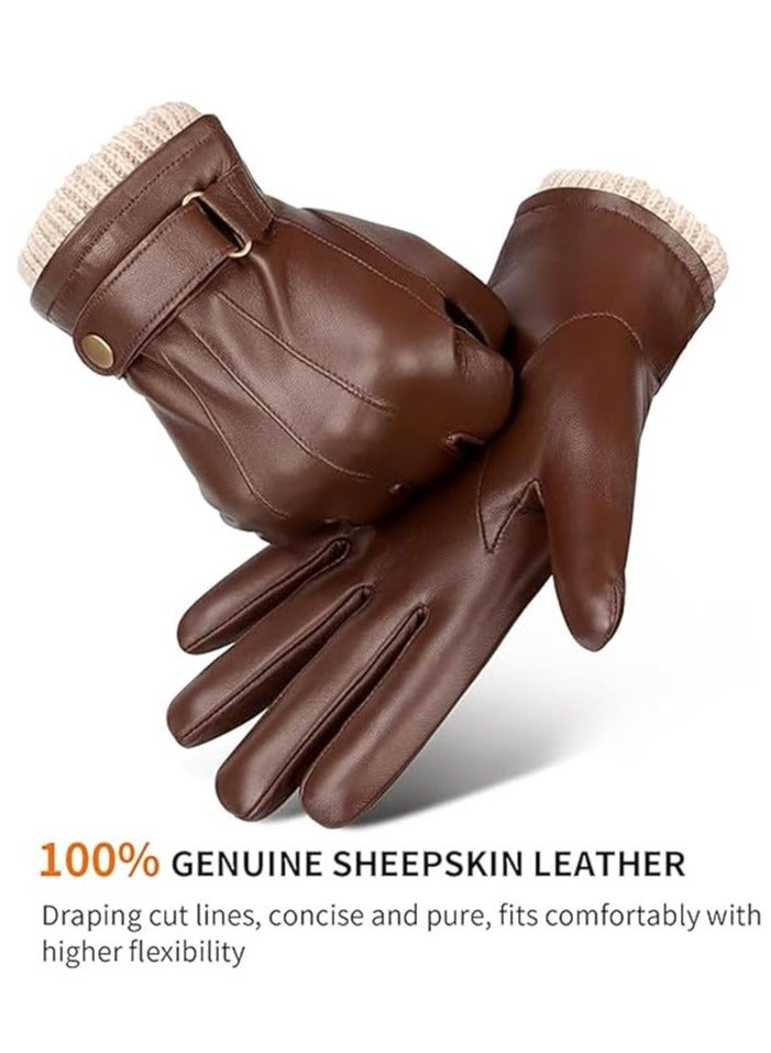 Men's Winter Warm Touchscreen Leather Gloves Adjustable Thermal Driving PU Leather Gloves (L)