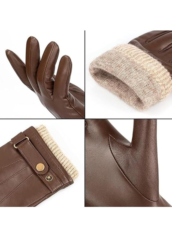 Men's Winter Warm Touchscreen Leather Gloves Adjustable Thermal Driving PU Leather Gloves (L)