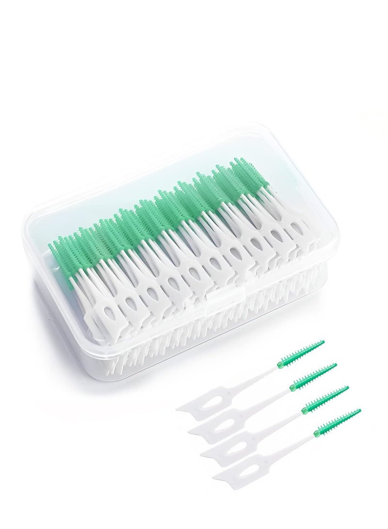 Dual-Use Interdental Brushes, 160 Pcs Dual-Use Silicone Dental Picks, with Storage Case, Dental Tooth Flossing for Braces Oral Cleaning, Dental Floss Stick, Toothpick Cleaning Tool (Green)